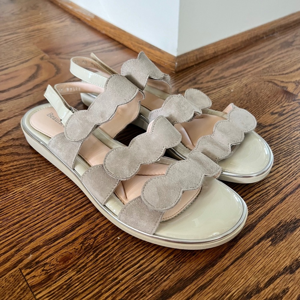 BeautiFeel Women Scalloped Suede Patent Leather Slingback Sandals Beige Size 40